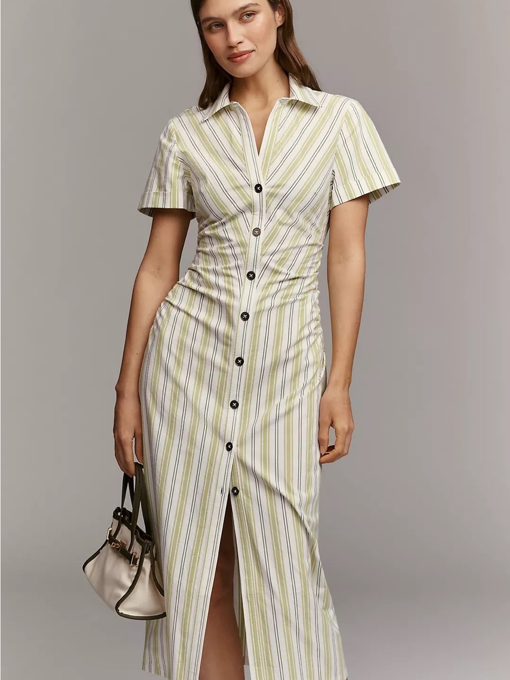 nwt Anthropologie PILCRO COTTON STRETCH MIDI SHIRT DRESS XXS green stripes